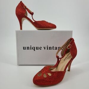 Unique Vintage Red Glitter T-Strap Heels